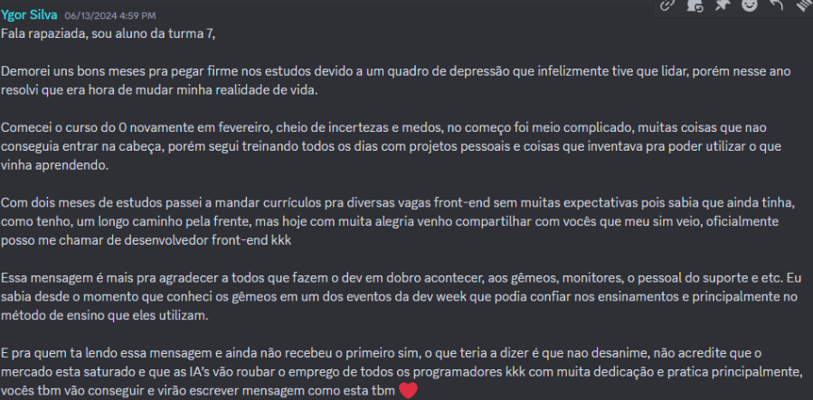 Depoimento de aluno